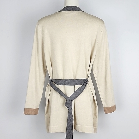 Vila Milano Open Front Belted Long Cardigan  Geometric Beige Grey Size Large - Picture 5 of 14
